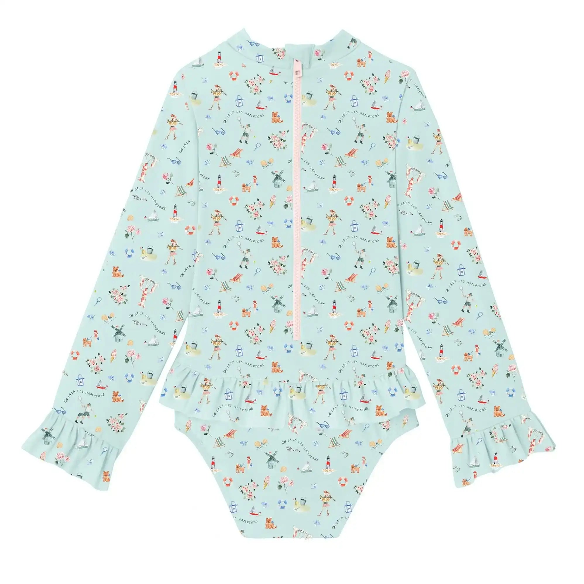 Girl's long-sleeve anti-UV mint swimsuit with ruffle trim and beach-themed print by Lison Paris