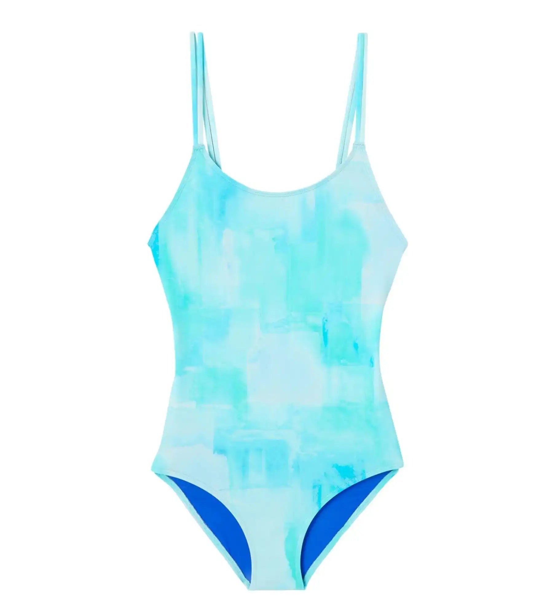 Girls' blue printed one-piece UV swimsuit by Lison Paris, front view, thin straps.