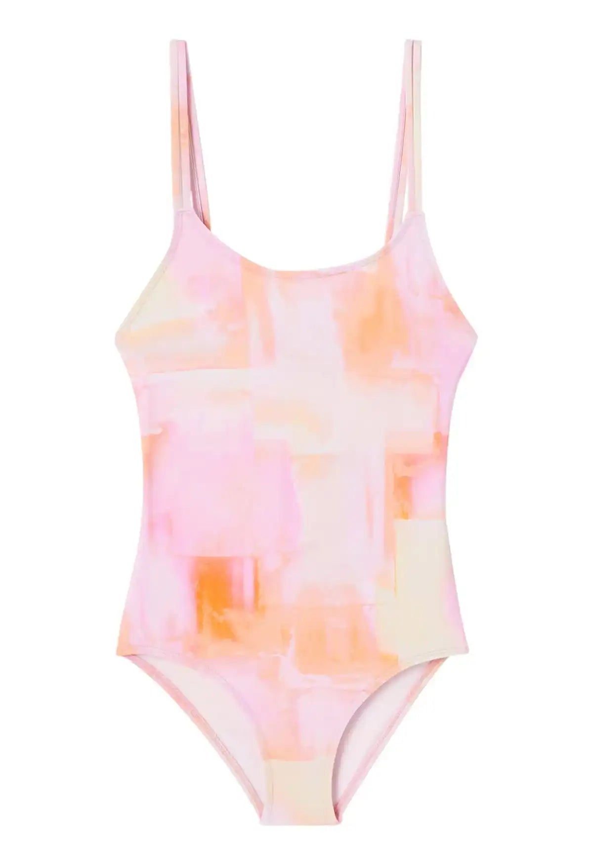 Girls' one-piece pink and orange UV-protection swimsuit by Lison Paris, abstract print.