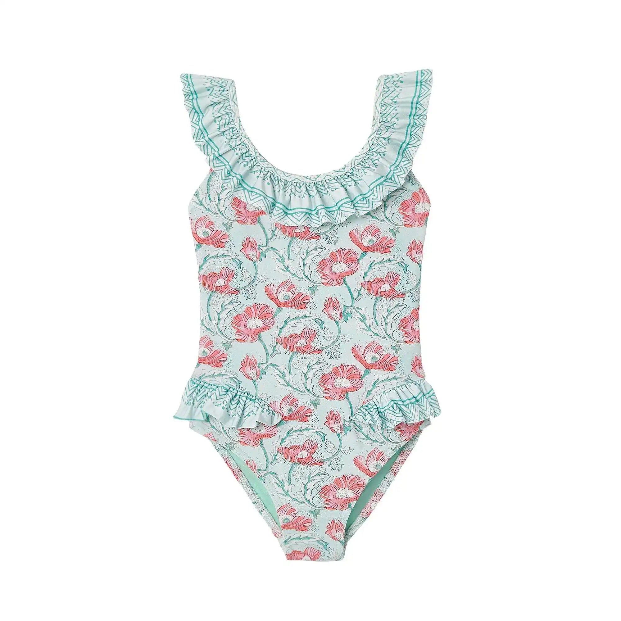 Girl's aqua floral one-piece swimsuit with ruffled trim by Lison Paris, summer beachwear