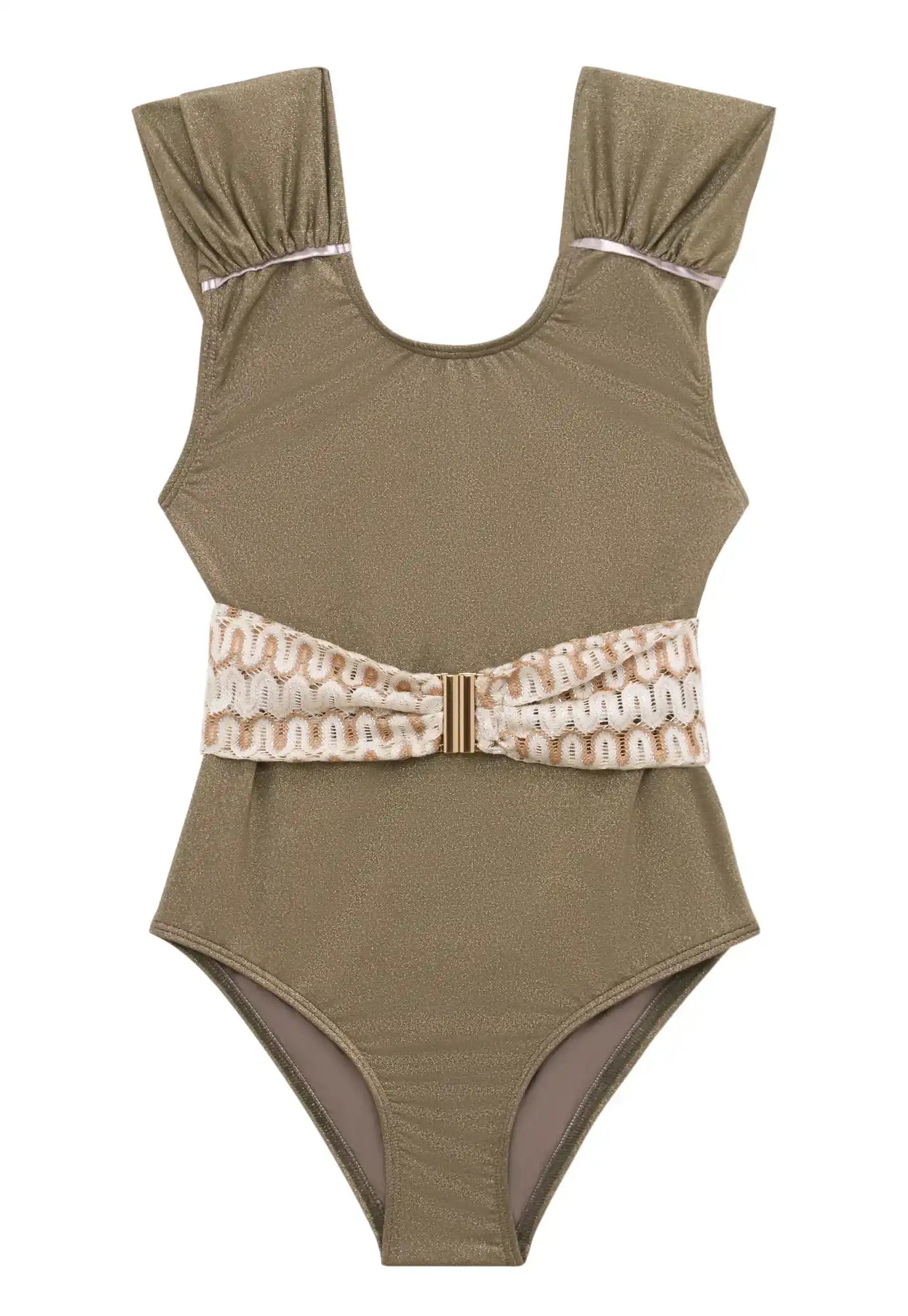 Girls’ khaki one-piece swimsuit with gold details and decorative belt by Lison Paris