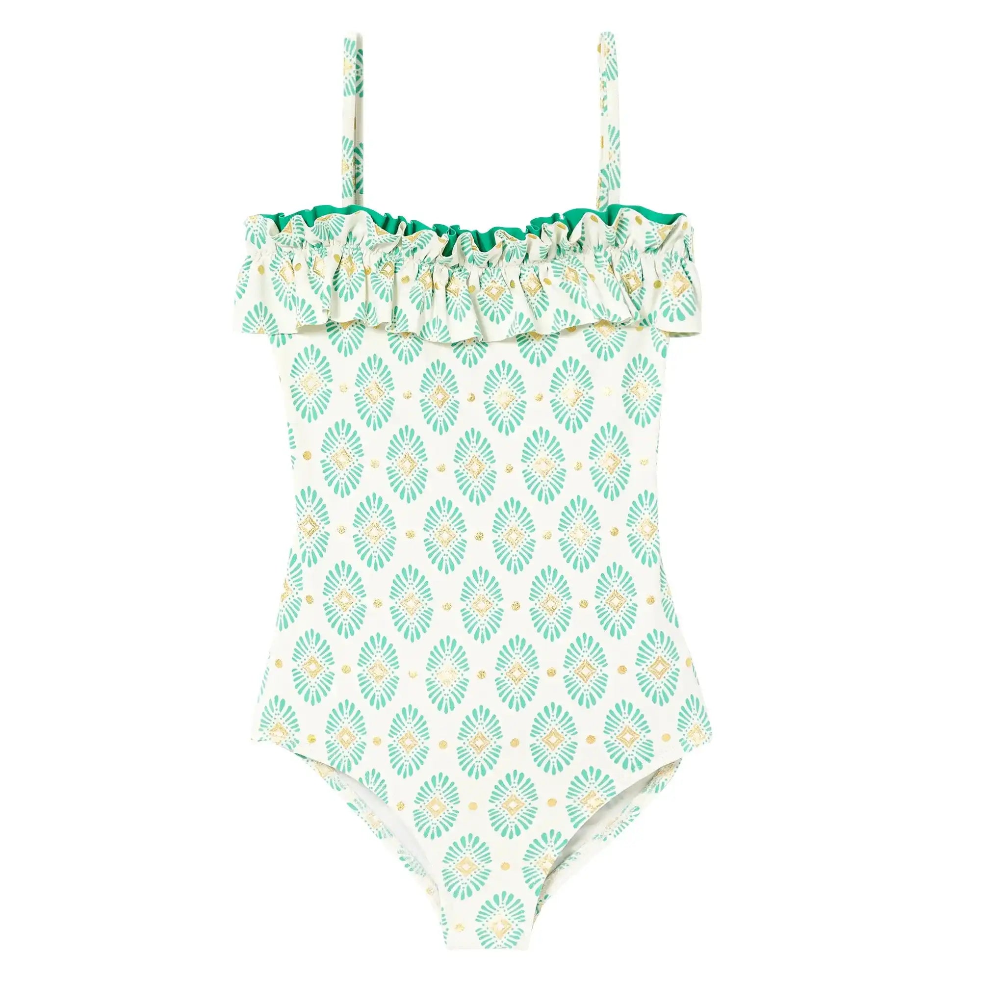 Lison Paris girls' one-piece swimsuit with green and yellow floral print and ruffle trim