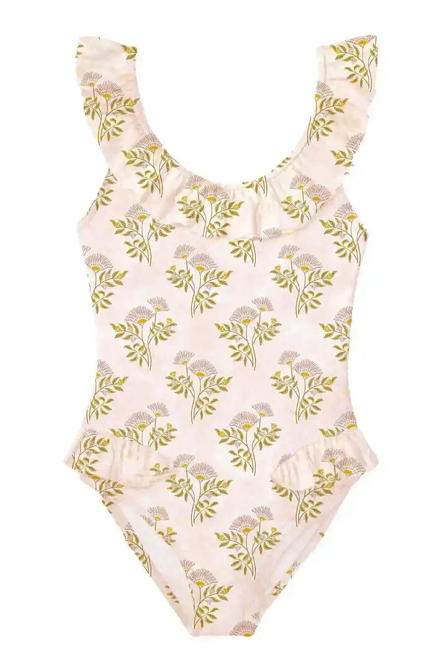 Pink girls' one-piece swimsuit with floral print and ruffle straps