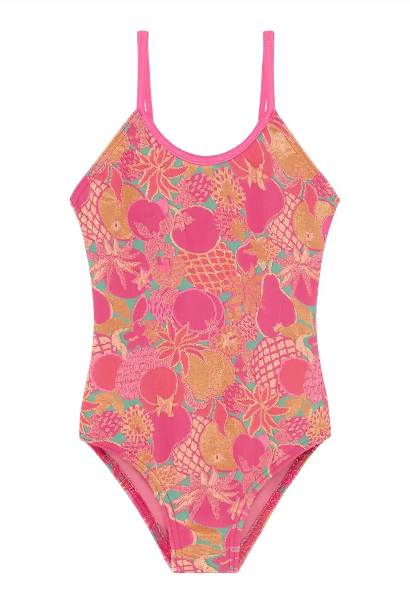 Pink girls' one-piece swimsuit with colorful fruit print, Lison Paris beachwear