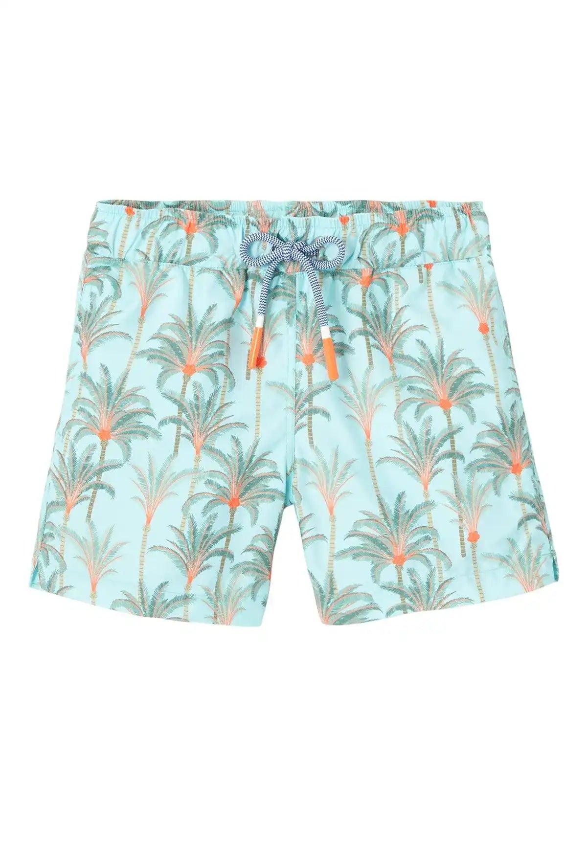 Boys’ aqua swim shorts with palm tree print, Lison Paris beachwear collection.