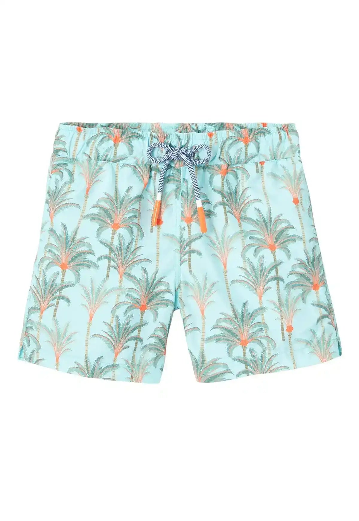 Aqua boys' swim shorts with orange and green palm tree pattern and drawstring waist