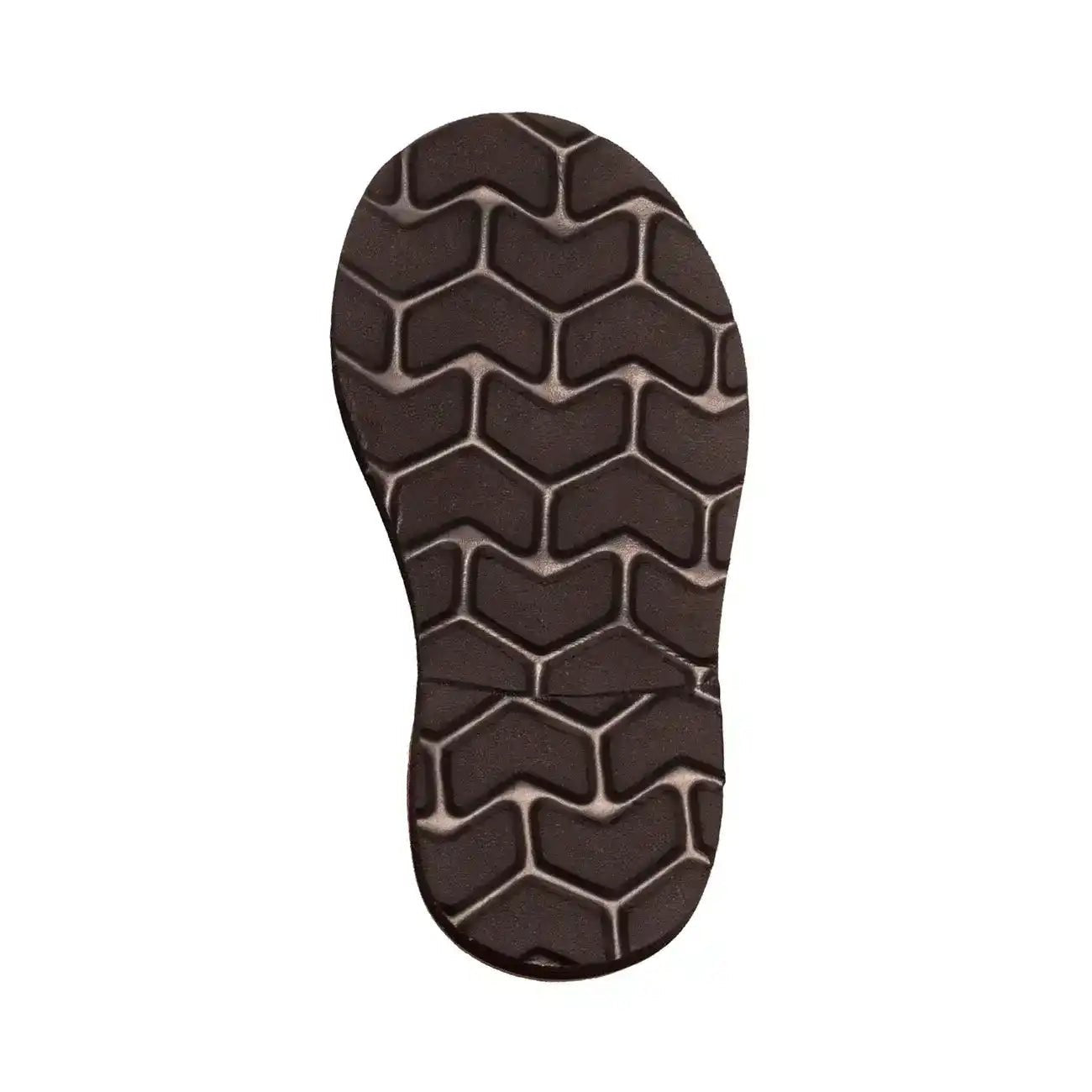 Close-up of black sandal sole with textured zigzag tread pattern for grip