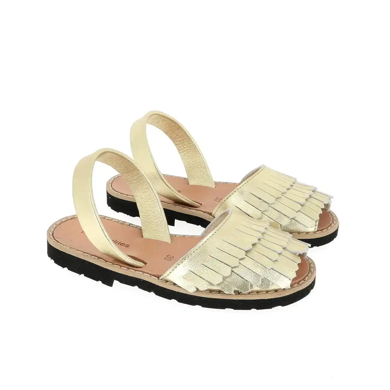 Girls metallic gold avarca sandals with fringe detail and black rubber sole on white background