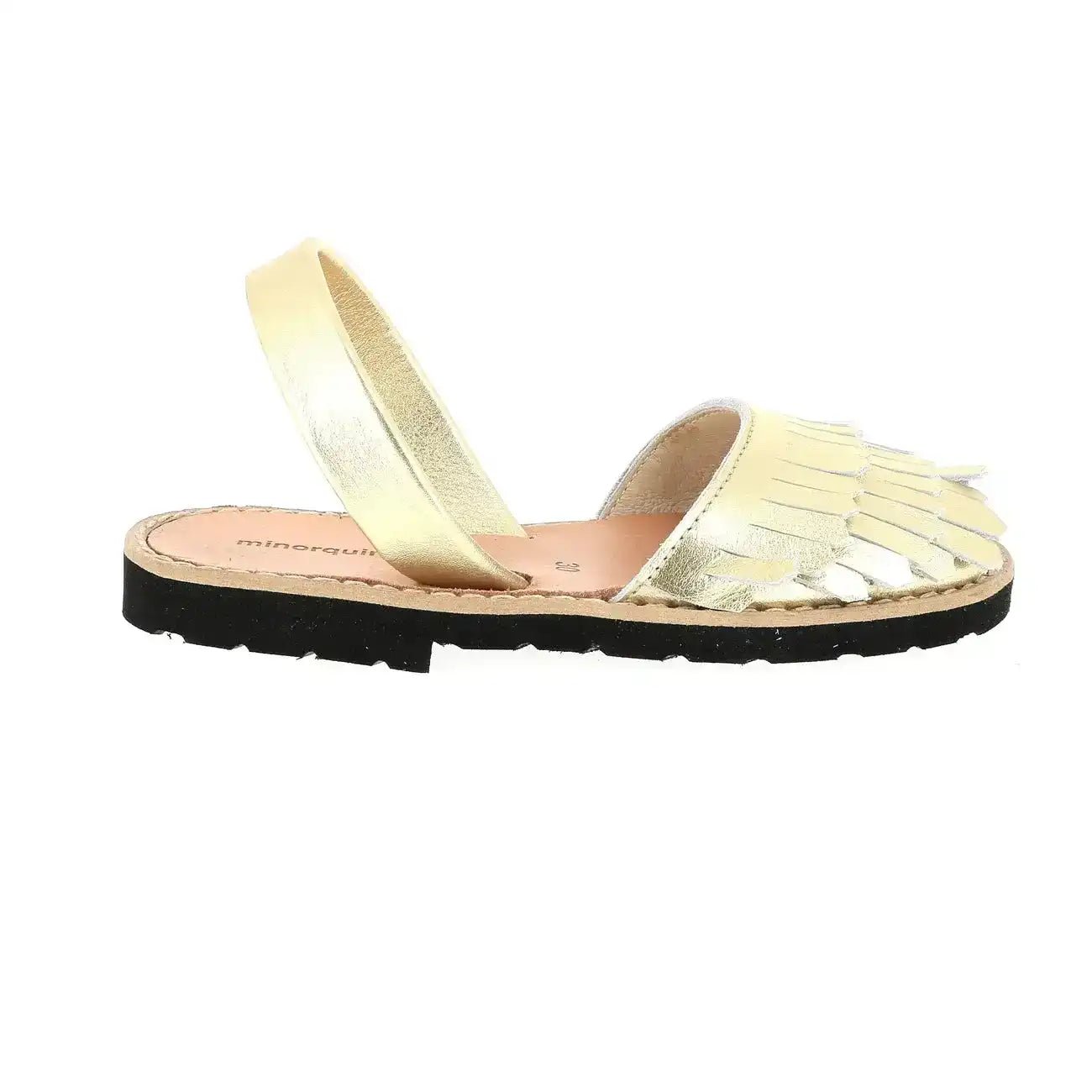 Gold metallic children's sandal with fringe details and open toe, flat black sole