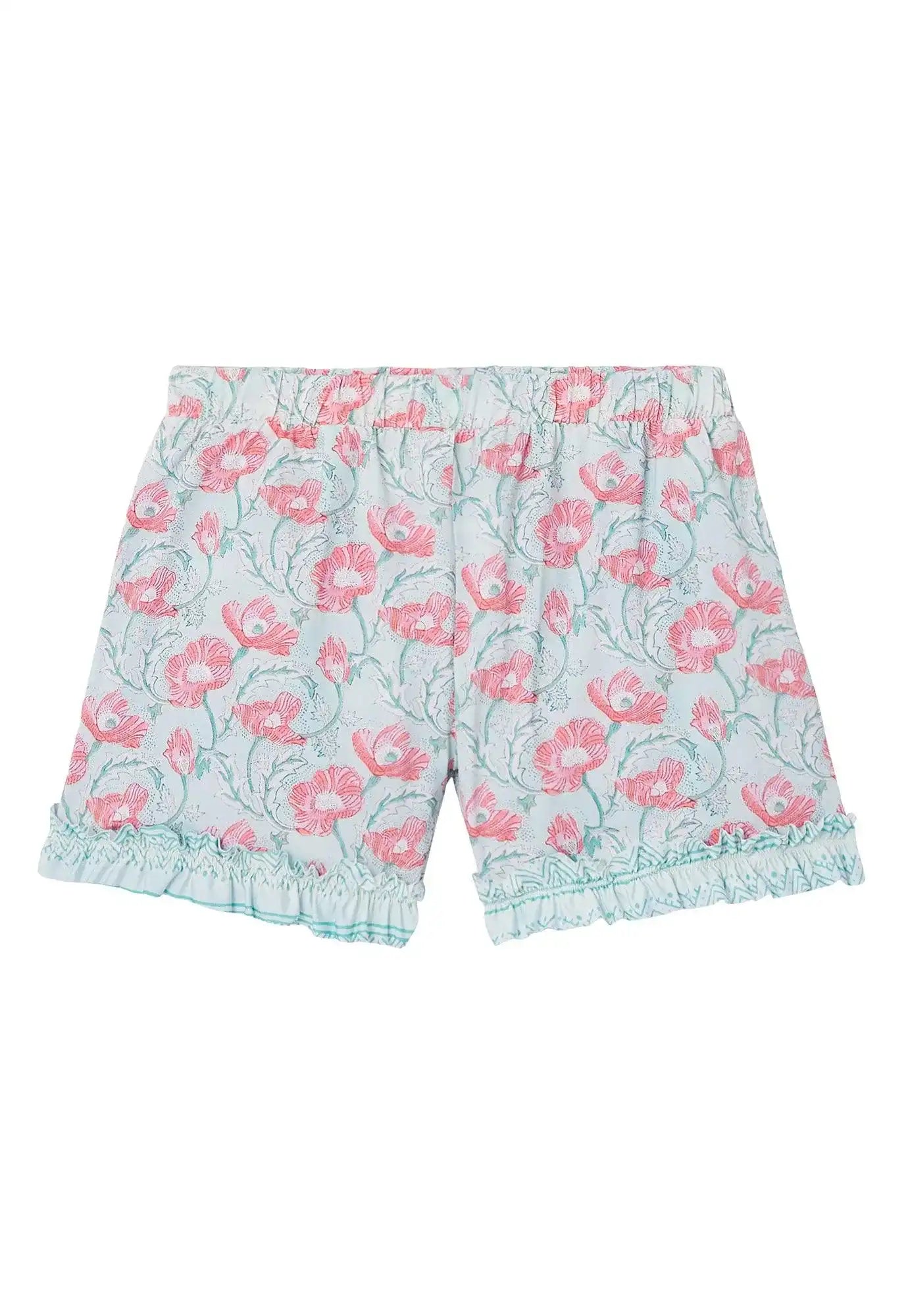 Girl's aqua and gold floral swim shorts with pink flower print and ruffle trim by Lison Paris