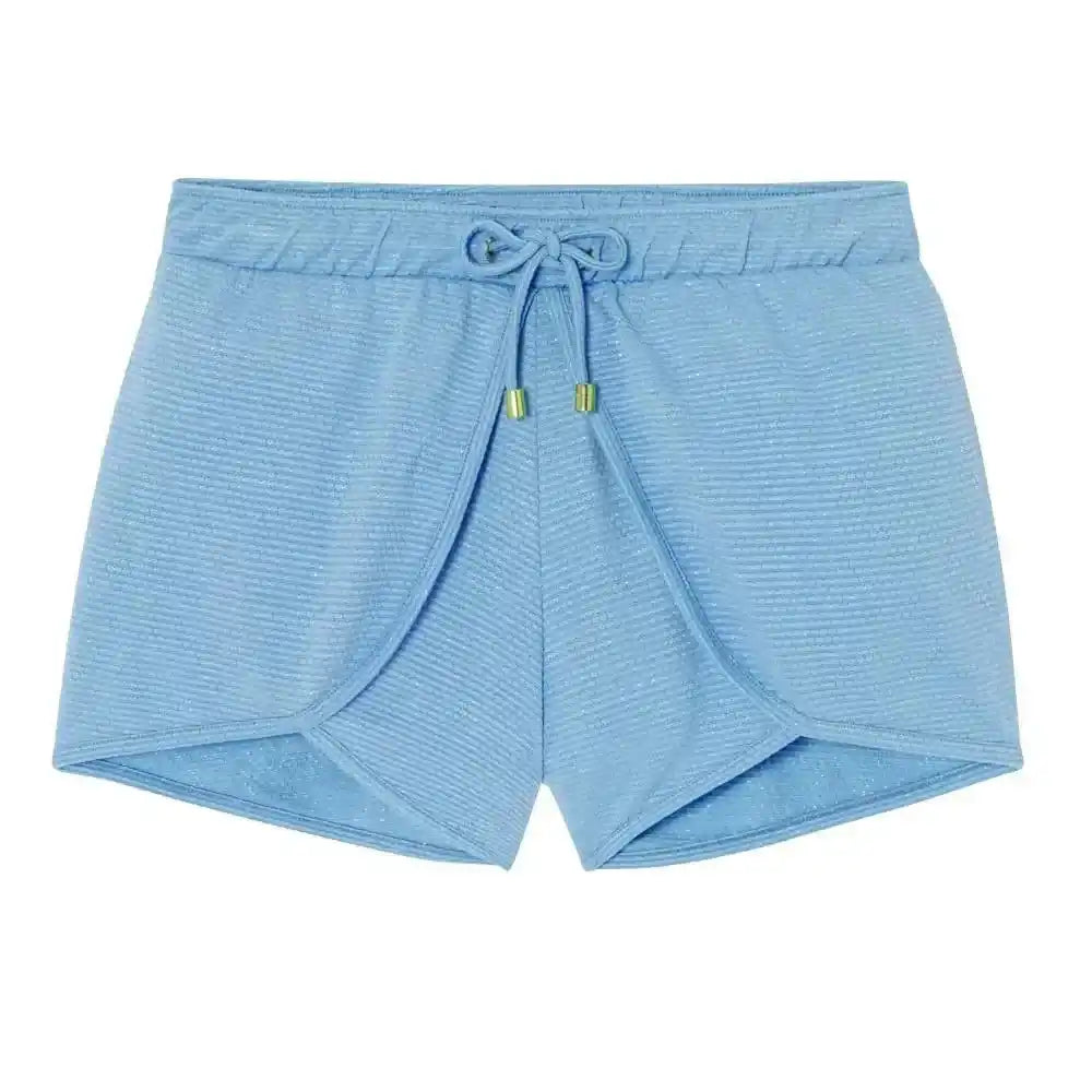 Light blue girls' swim shorts with drawstring, Lison Paris beachwear collection.