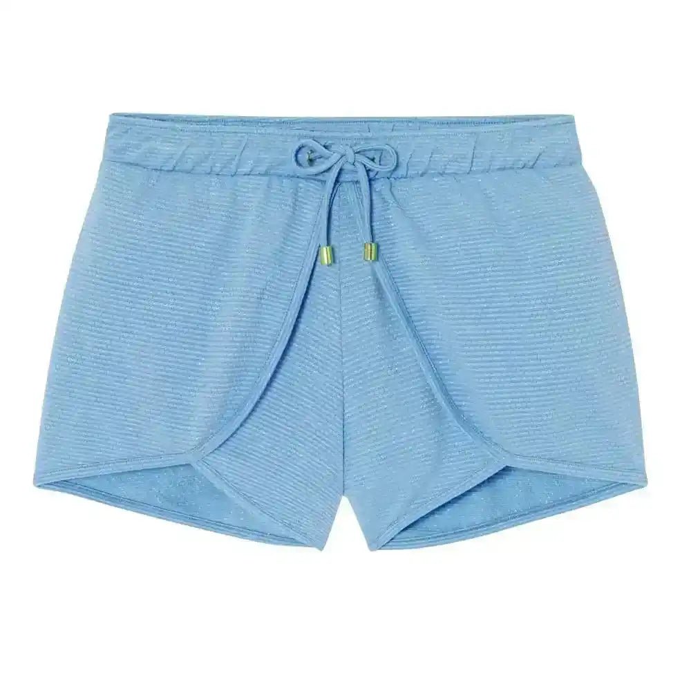 Girls' sky blue swim shorts with drawstring waist and layered front design