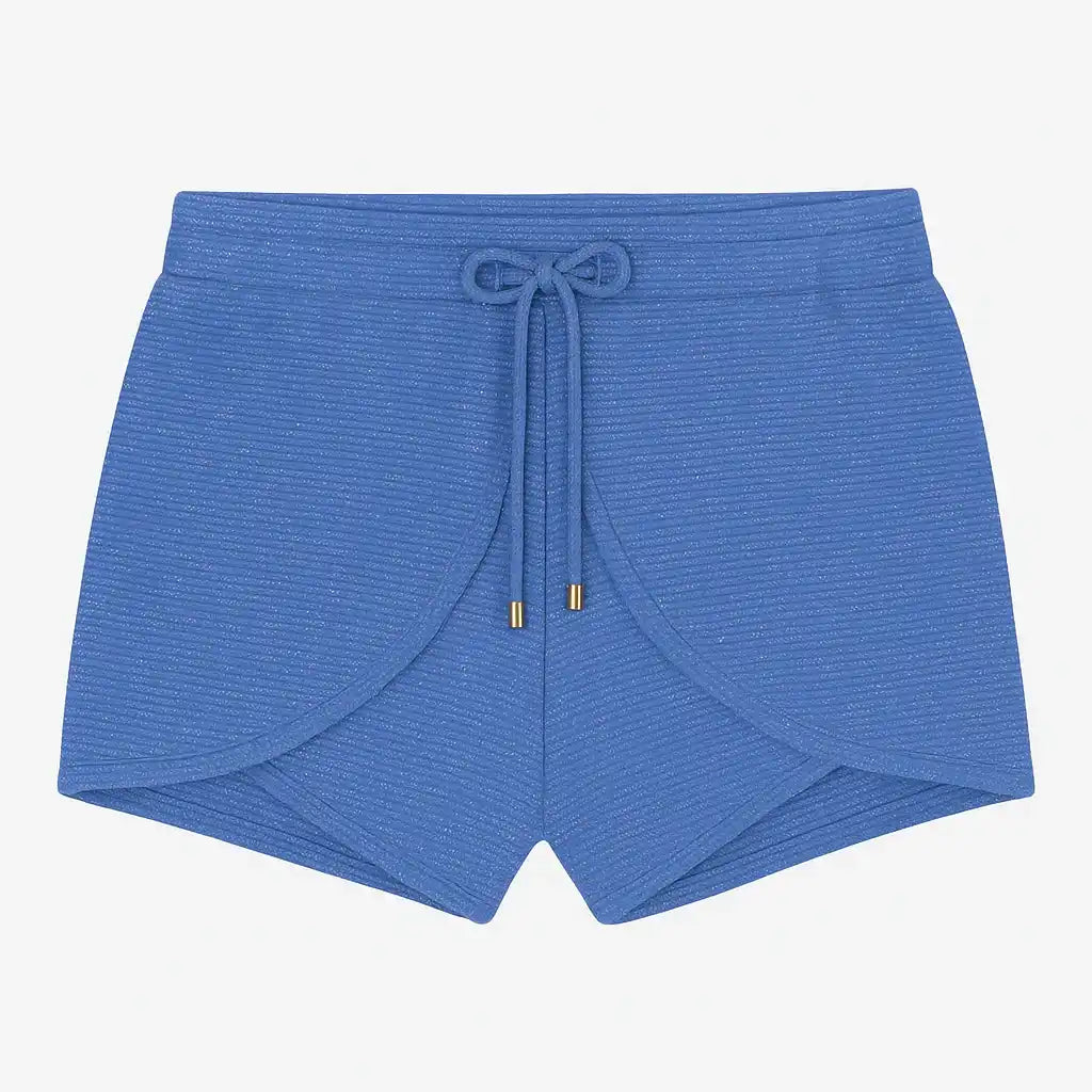 Blue girls' swim shorts with gold accents, eco-friendly, by Lison Paris