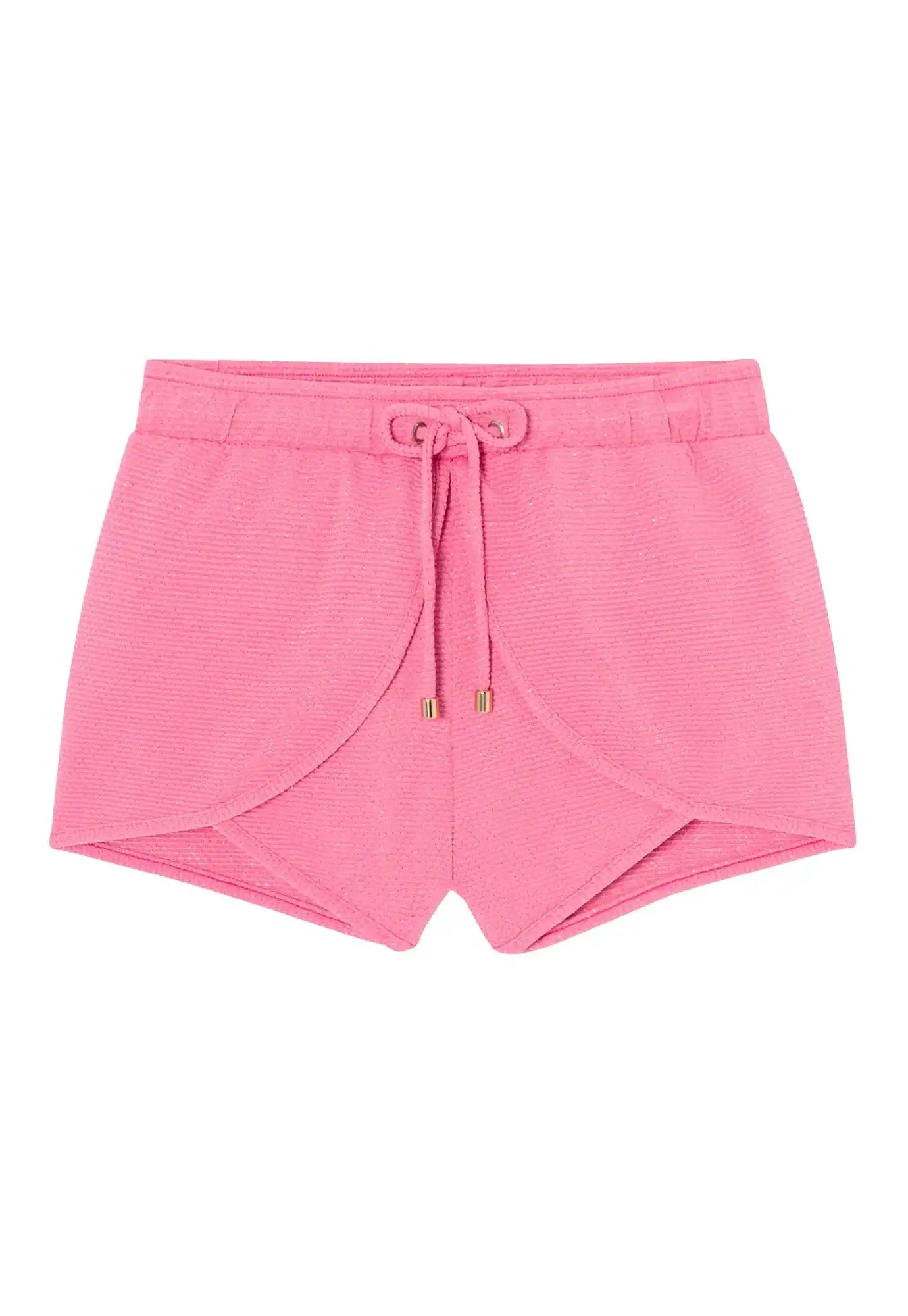 Pink girls' swim shorts with gold drawstring by Lison Paris, textured fabric, summer beachwear