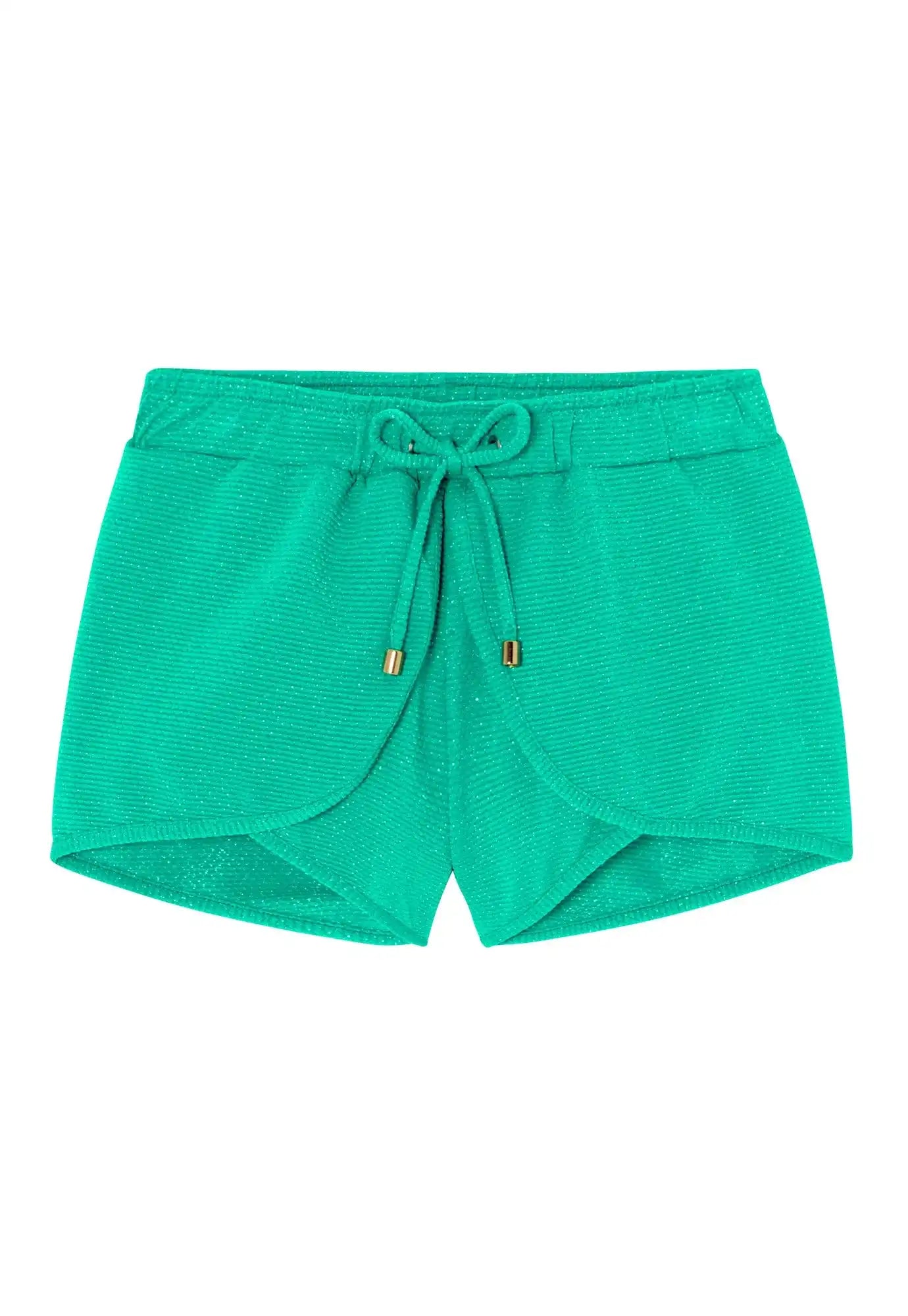 Green girls' swim shorts with gold drawstring by Lison Paris, recycled UV-protective fabric.