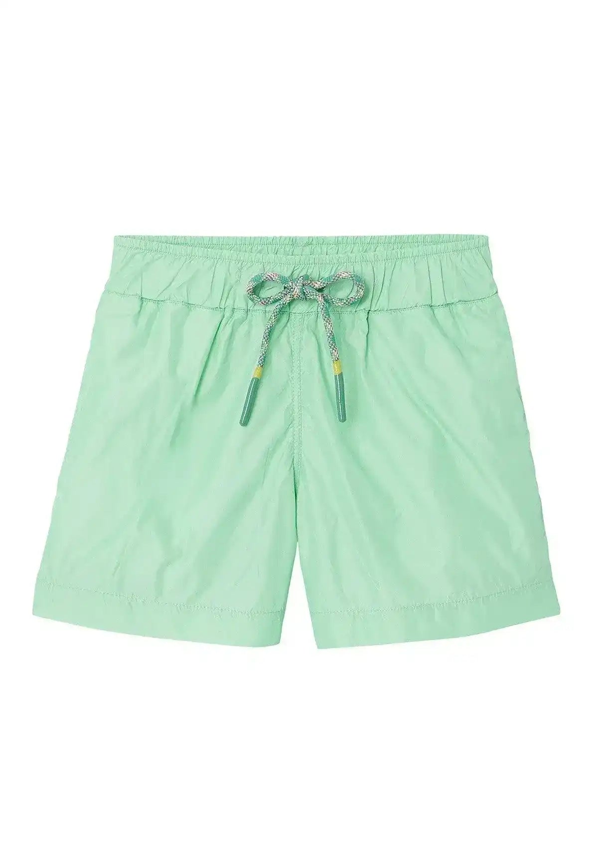 Aqua green boys' swim shorts with drawstring waist on white background.