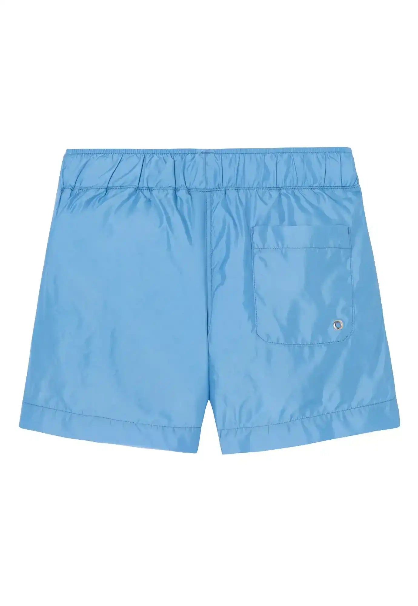 Sky blue boys swim shorts with elastic waistband and back pocket, beachwear style