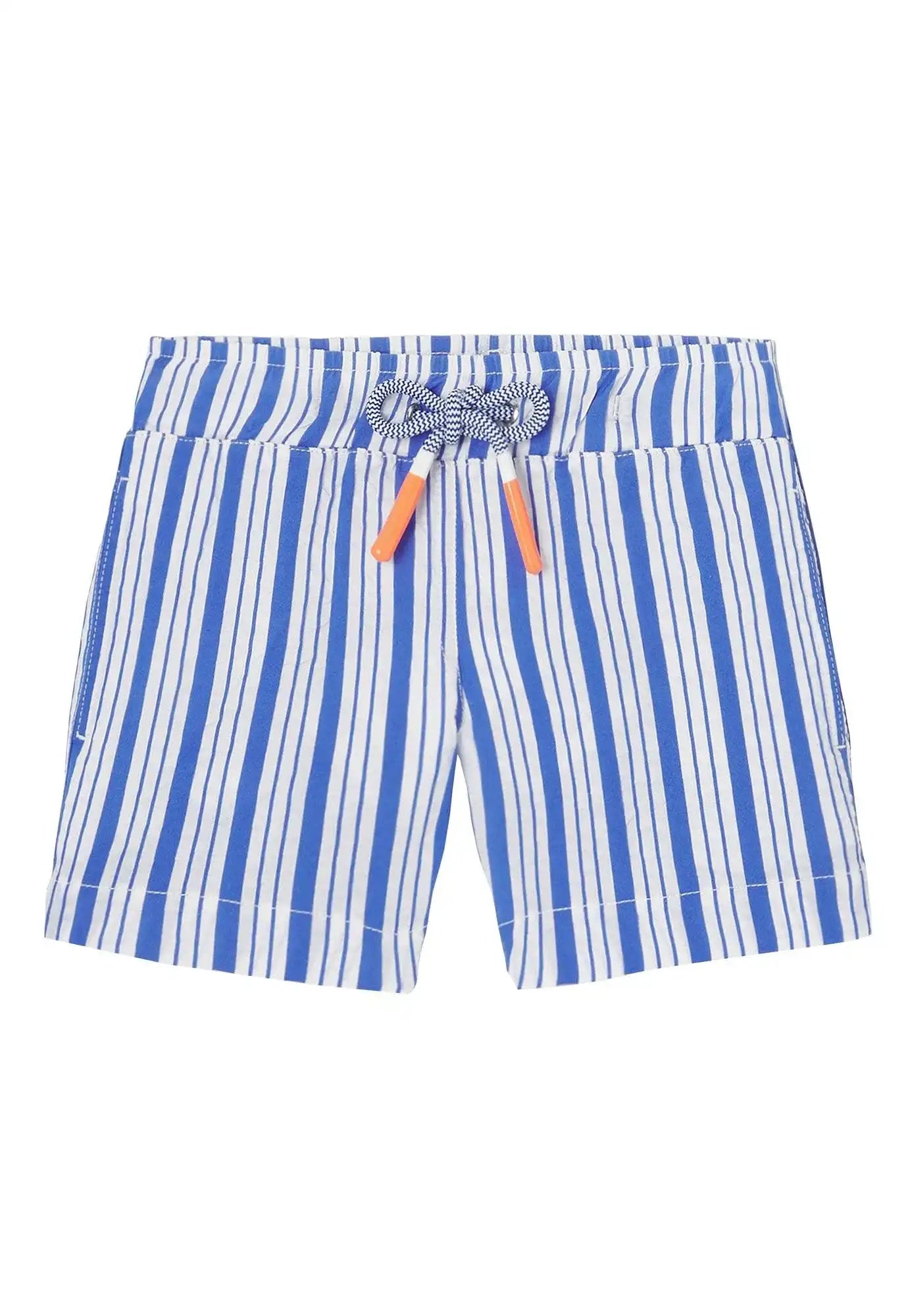 Blue and white striped boys' swim shorts with orange drawstrings by Lison Paris