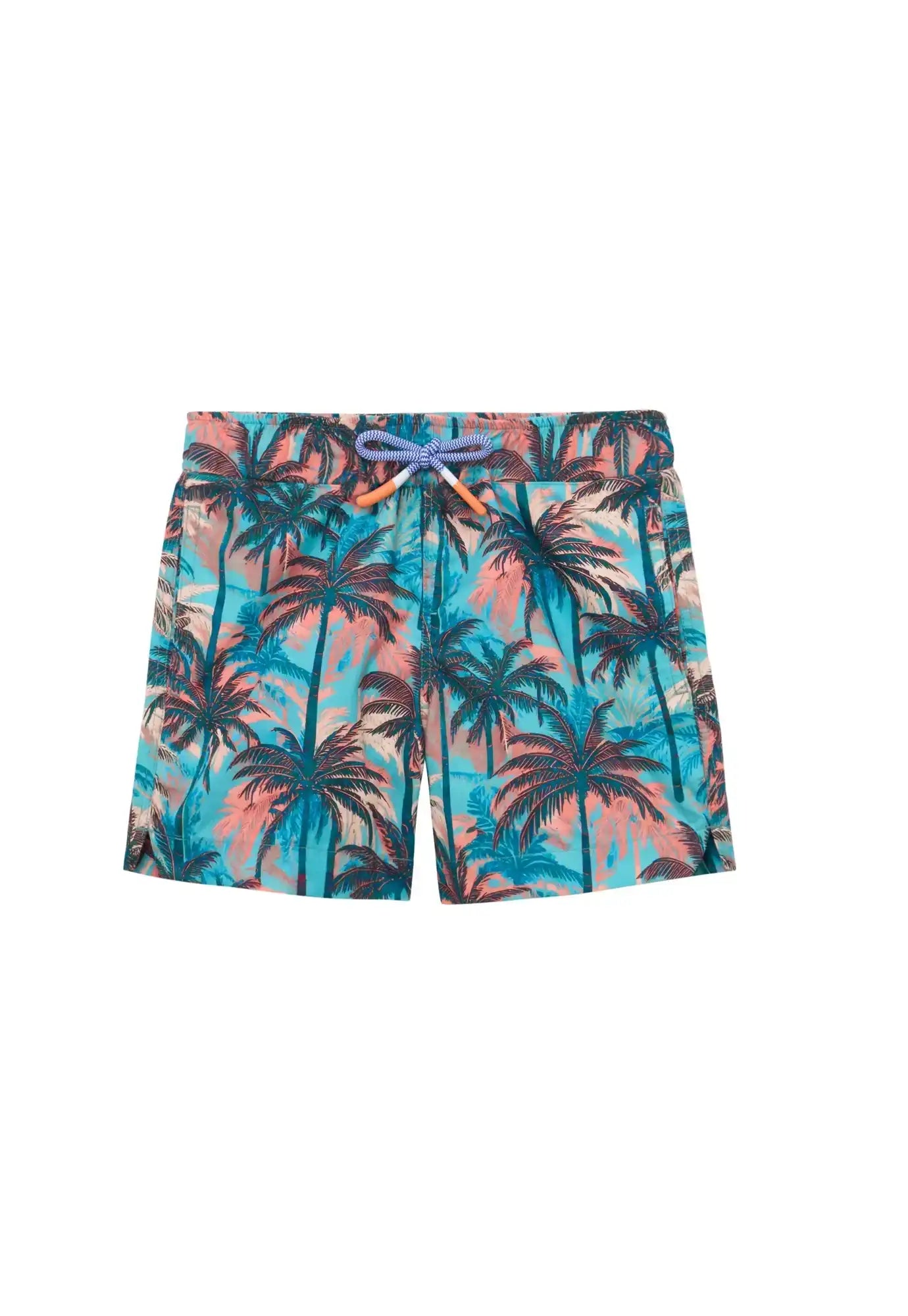 Boys’ blue and orange swim shorts with palm tree print, Lison Paris UV protection beachwear