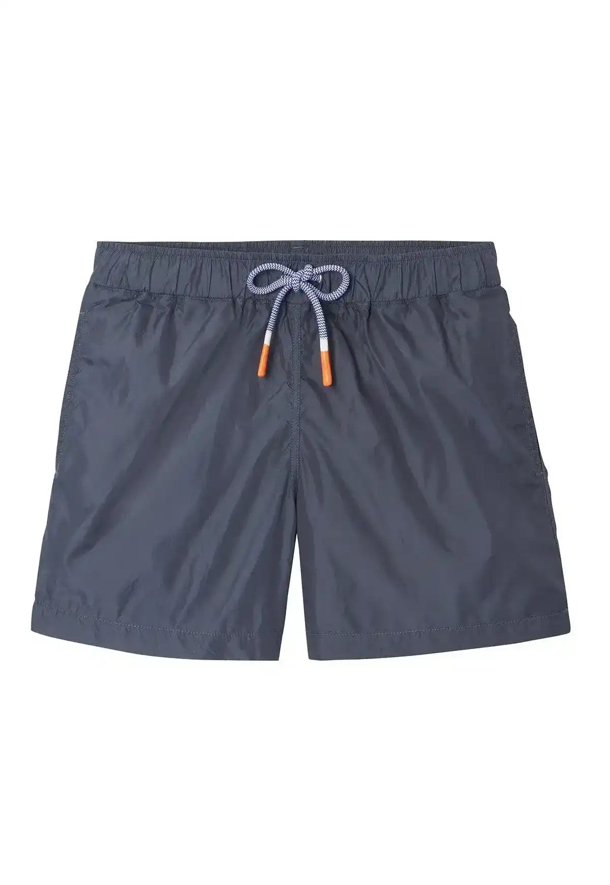 Boys’ slate grey swim shorts with elastic waist and drawstring, displayed on white background