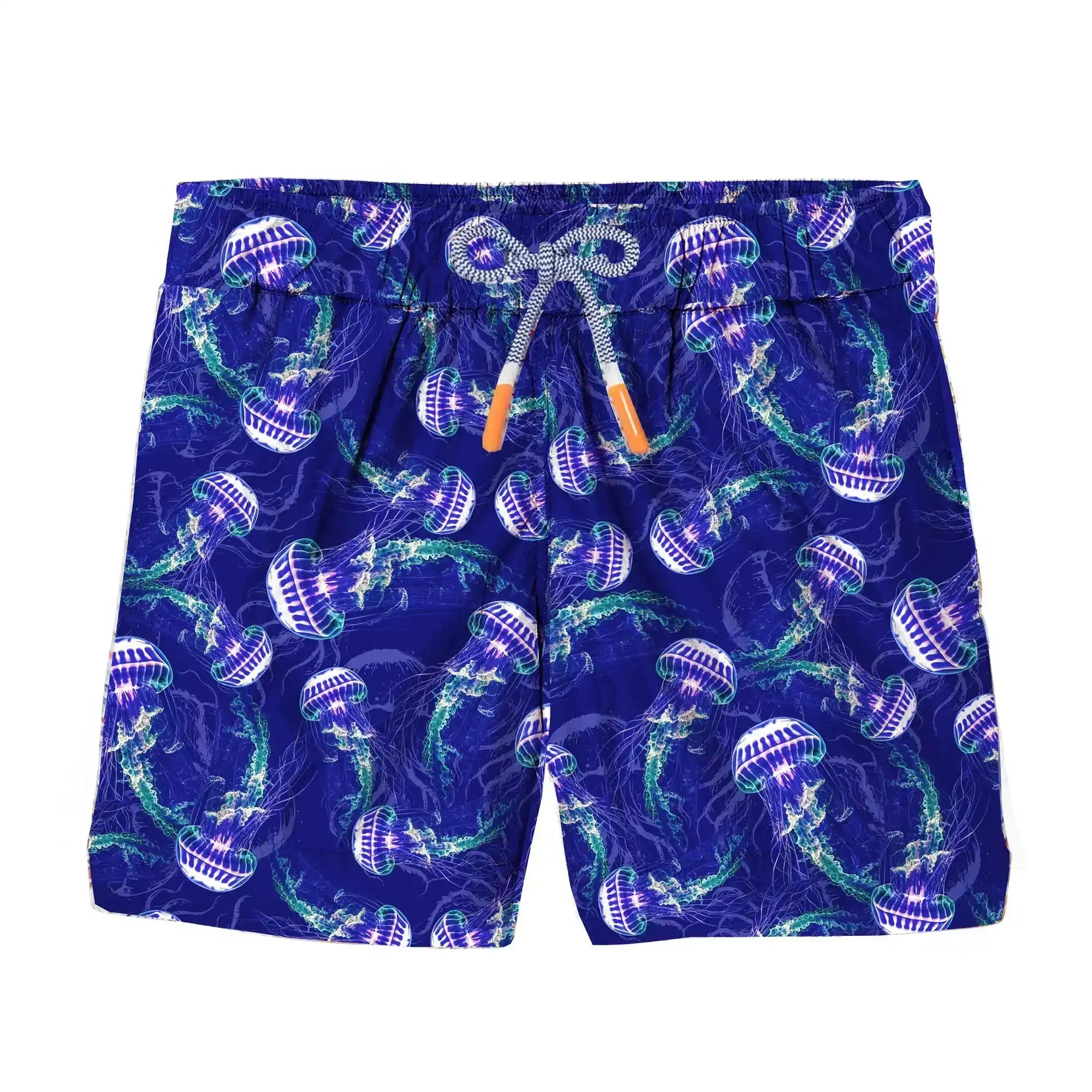 Boys blue swim shorts with vibrant jellyfish print and drawstring waistband