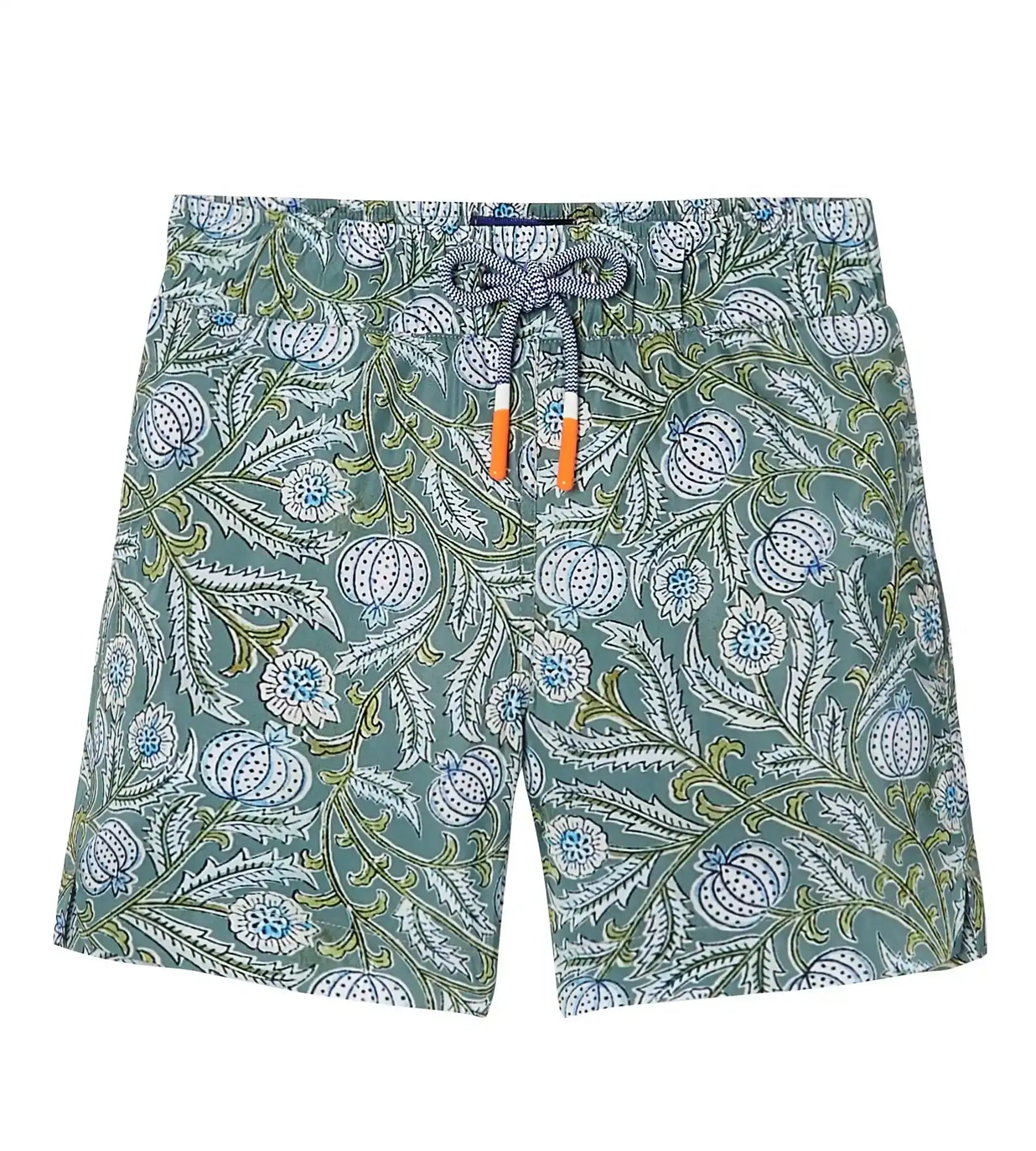 Boys' green swim shorts with floral and fruit print, elastic waist, and drawstring.