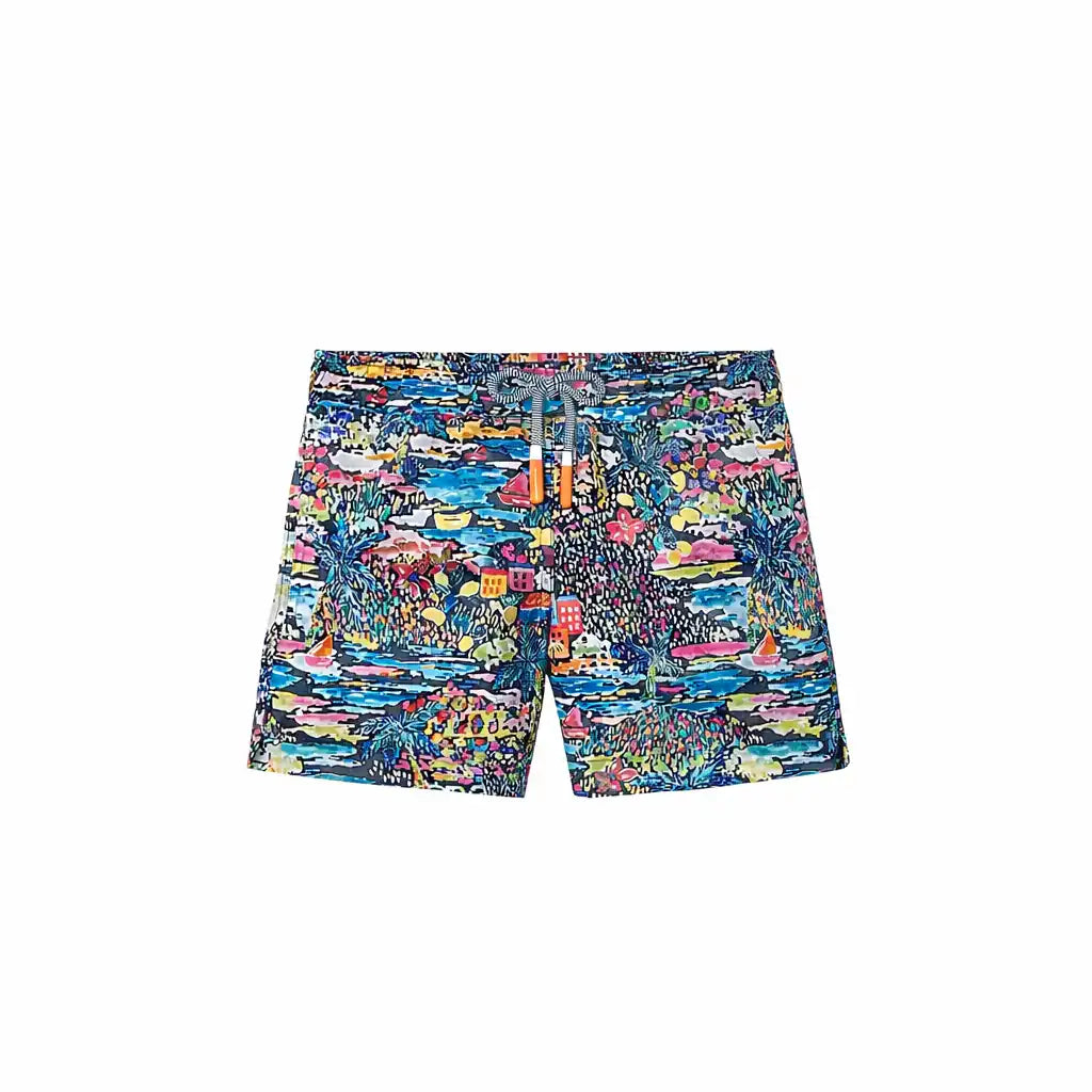 Lison Paris boys’ swim shorts with colorful marine print, eco-friendly beachwear.