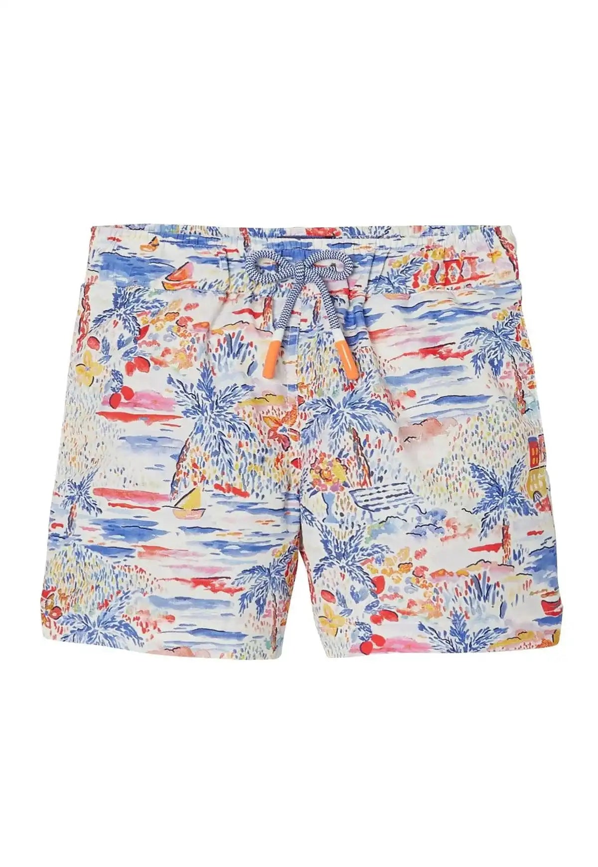 Lison Paris boys' printed swim shorts with colorful beach and palm tree pattern