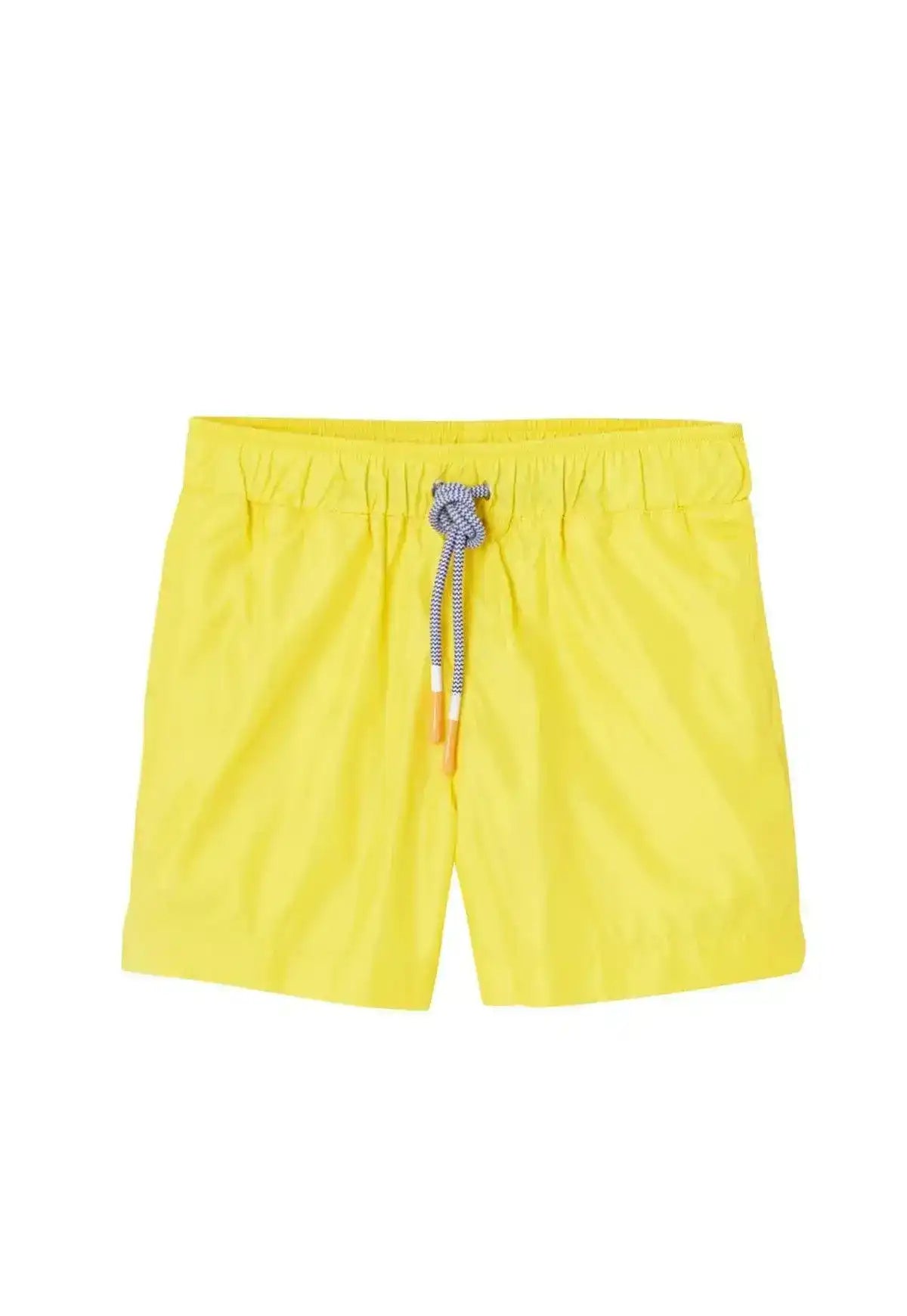 Yellow boys swim shorts with elastic waist and blue drawstring, beachwear for kids