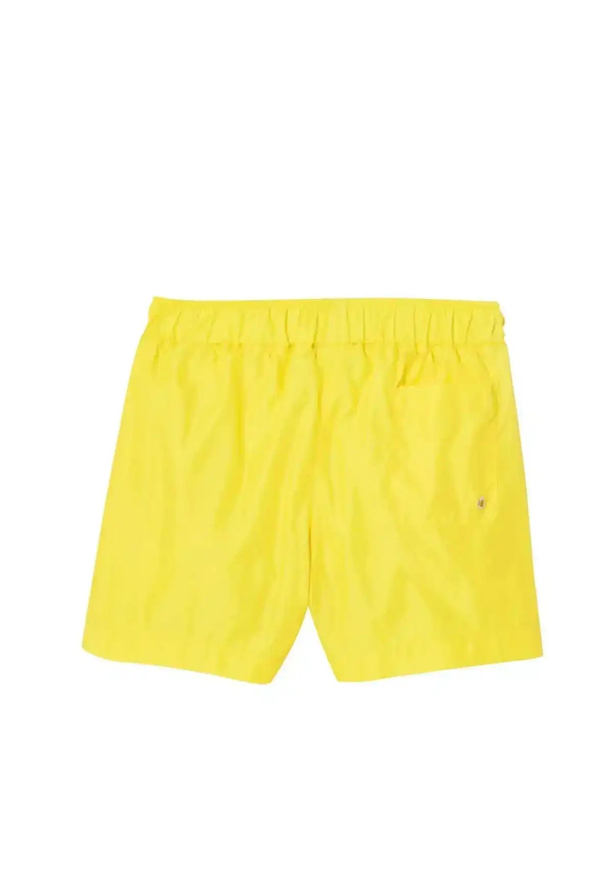 Bright yellow boys swim shorts with elastic waistband, back pocket, beachwear style