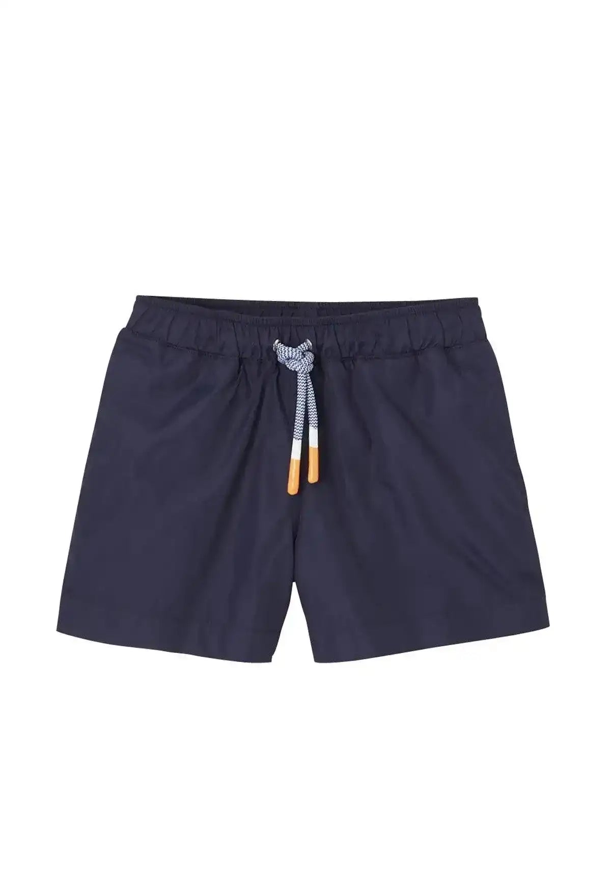 Navy blue boys swim shorts with elastic waist and drawstring, summer beachwear