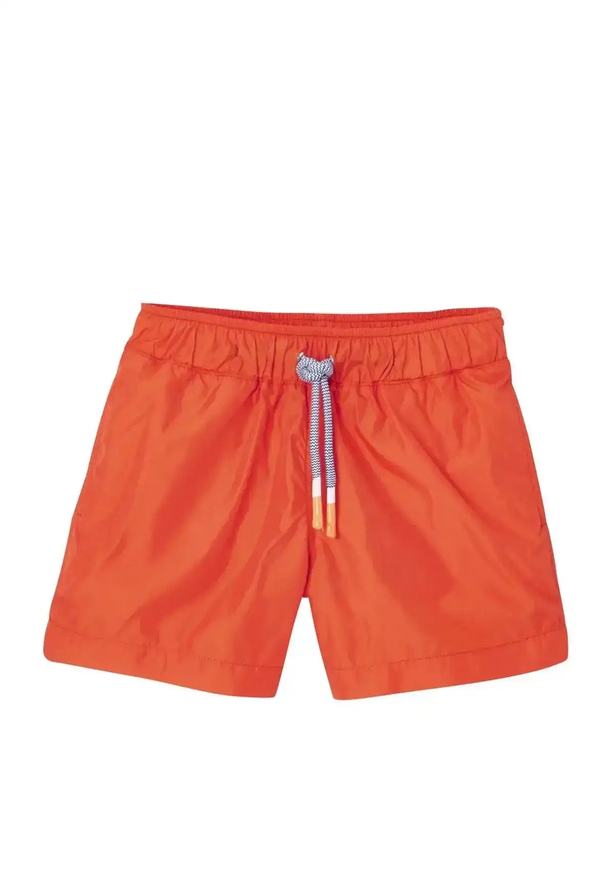 Boy's orange swim shorts with elastic waist and drawstring on white background