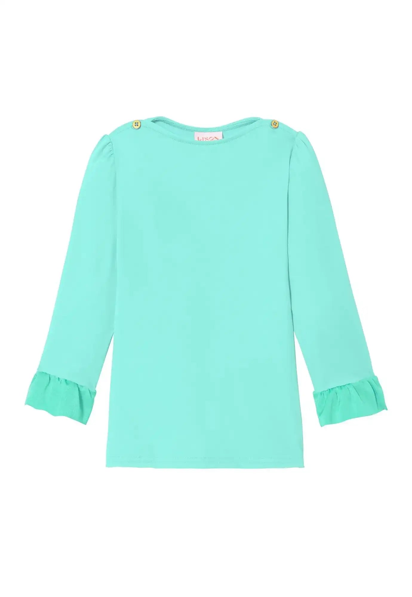 Girls' aqua blue long sleeve UPF 50+ anti-UV shirt with ruffled cuffs by Lison Paris