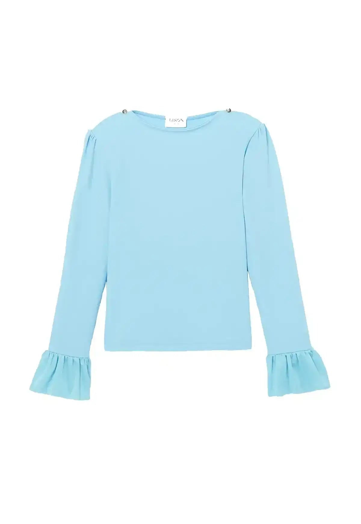 Girl's light blue long sleeve anti-UV UPF 50+ ruffle shirt by Lison Paris