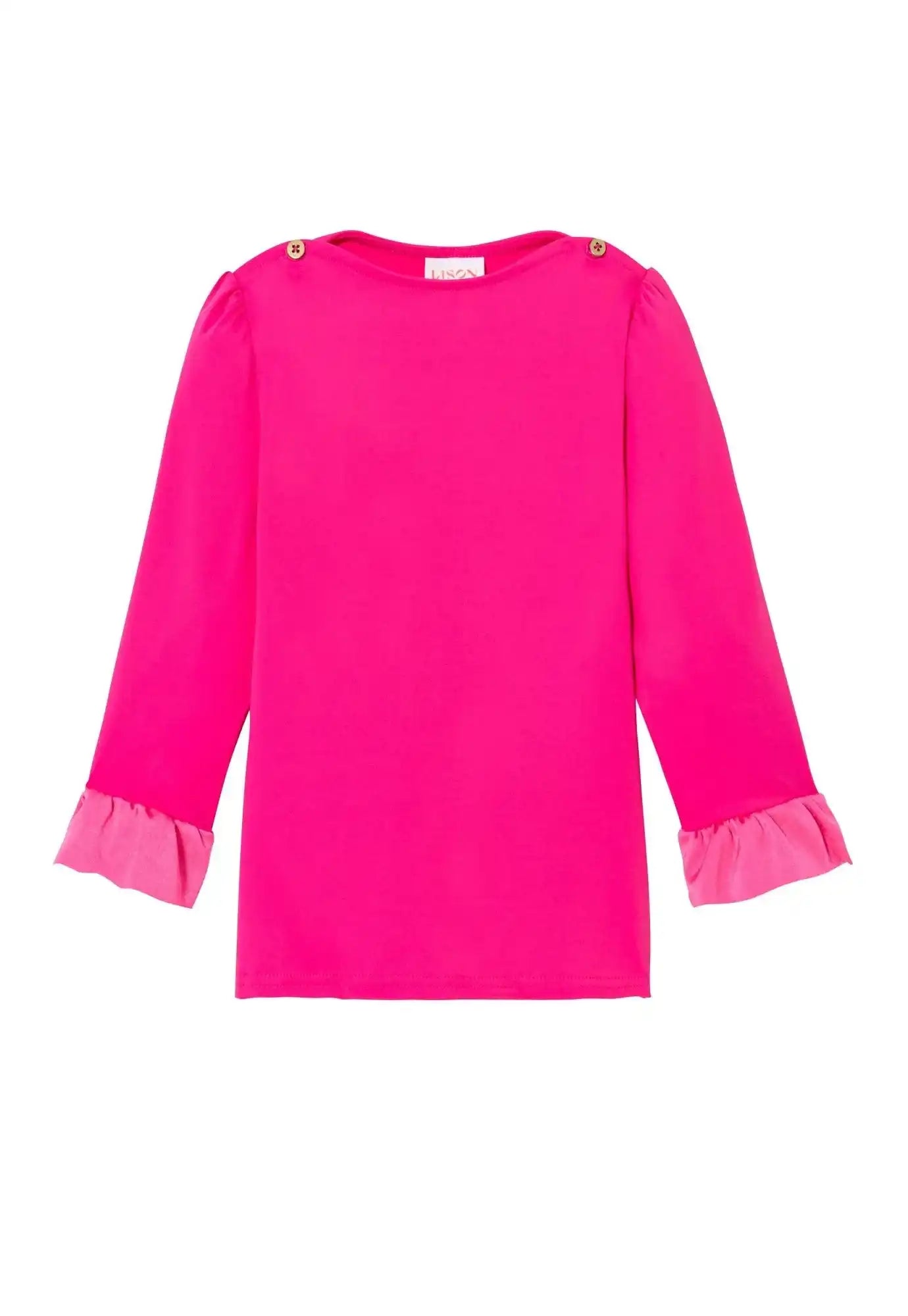 Bright pink girls' anti-UV UPF 50 shirt with ruffled sleeves by Lison Paris