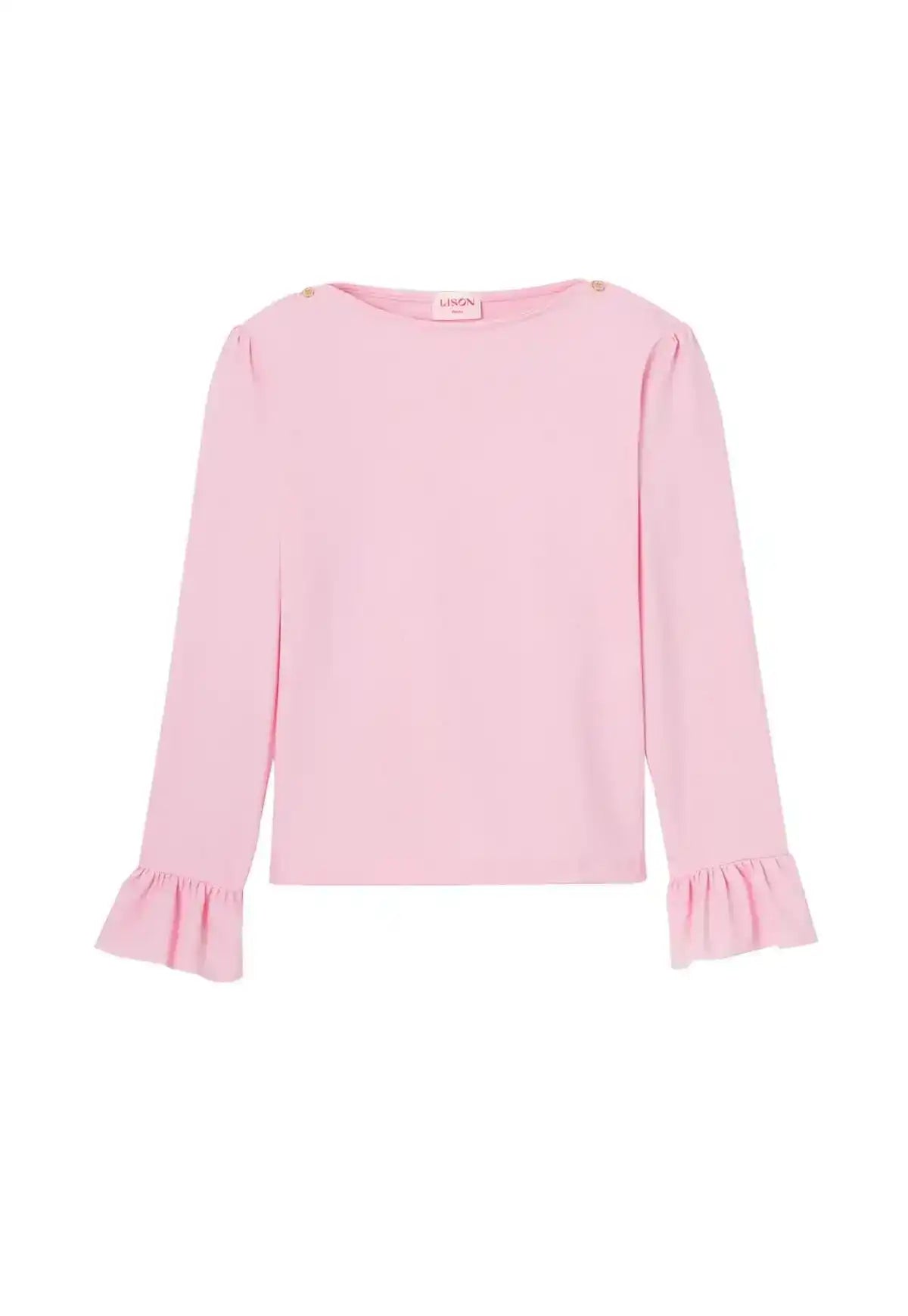Light pink girls' long sleeve UV-protection t-shirt with ruffled cuffs on white background
