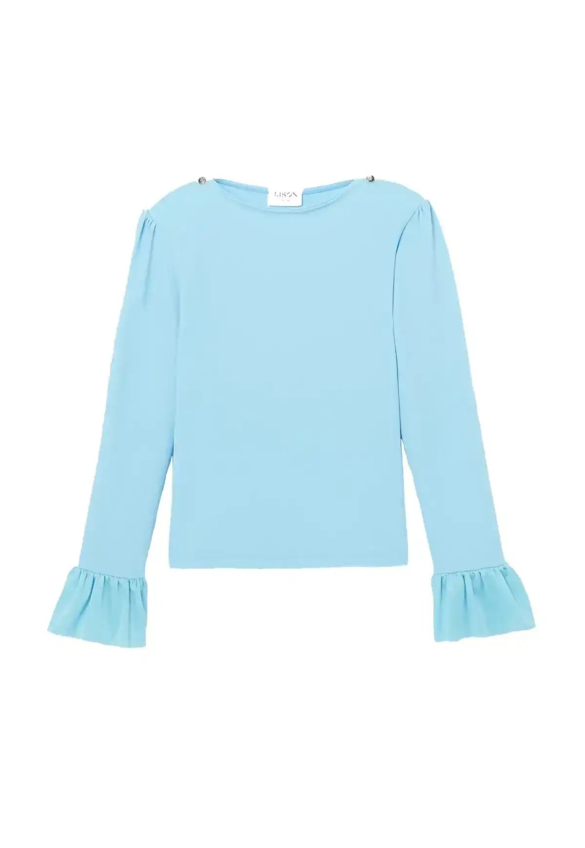 Light blue girls' long sleeve UV protection shirt with ruffled cuffs, plain background