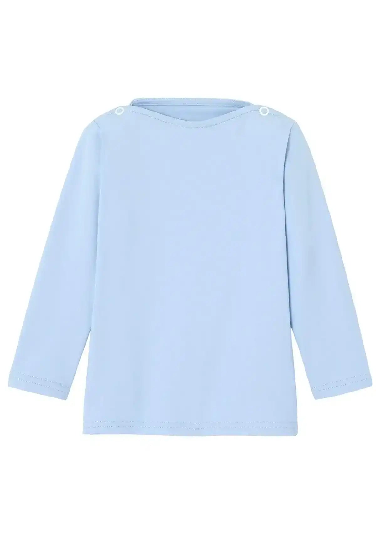 Light blue long sleeve anti-UV boys' swim shirt with shoulder snaps, front view
