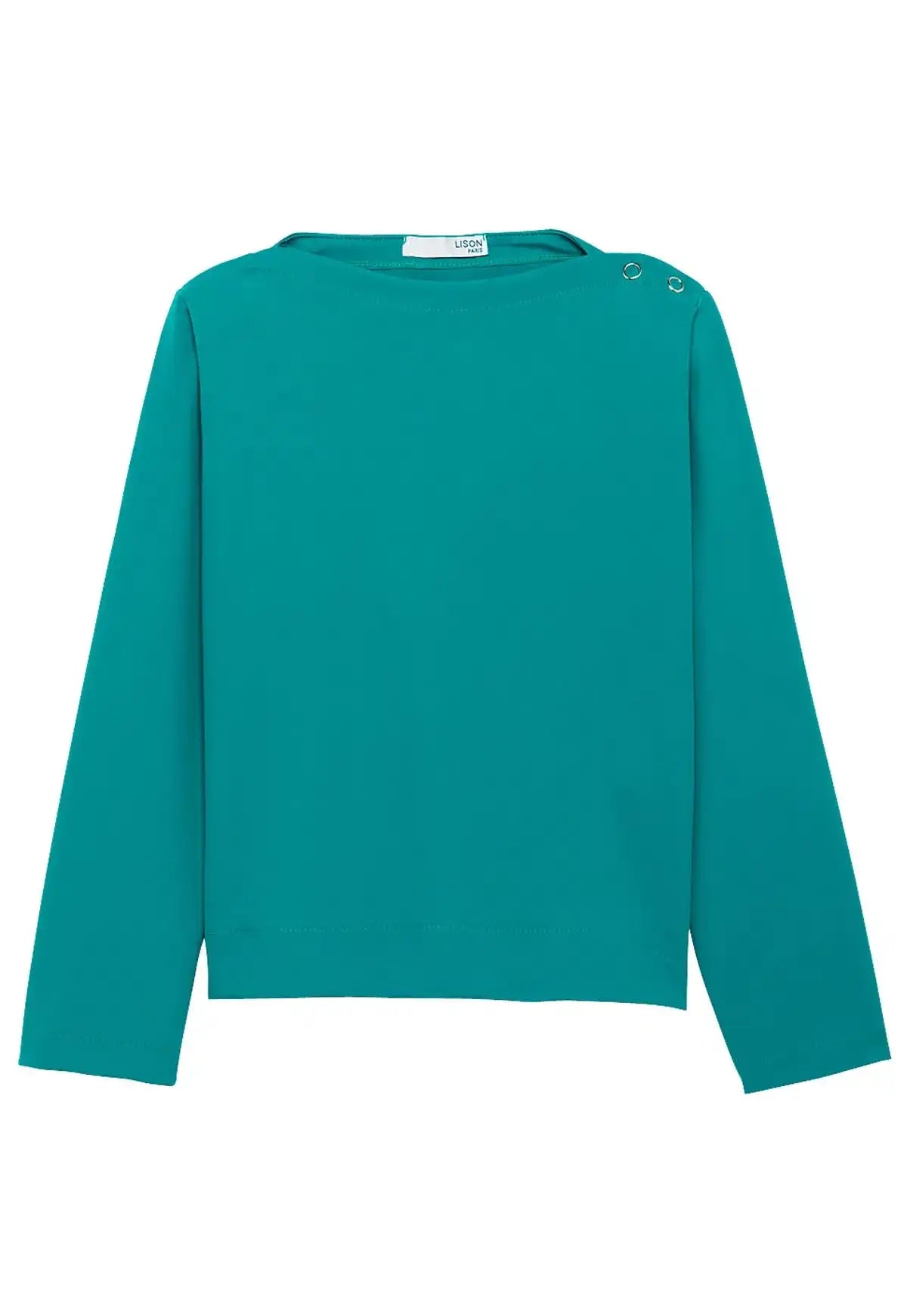 Teal boys' long sleeve anti-UV swim shirt by Lison Paris, snap buttons on shoulder