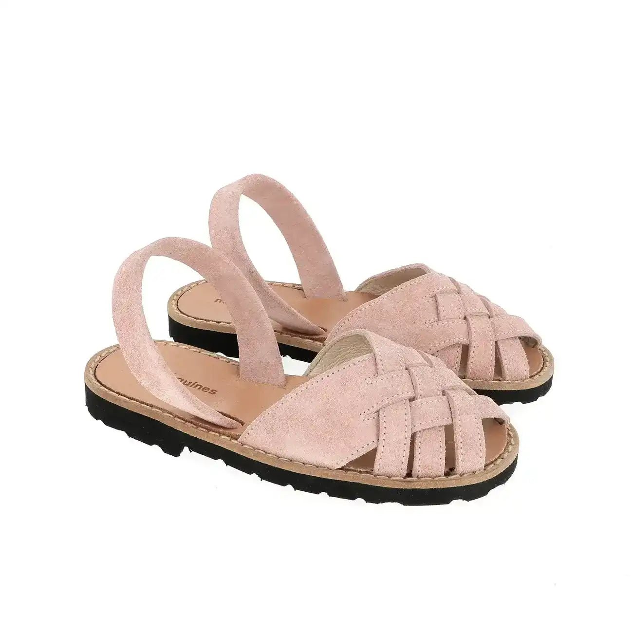 Pink suede Avarca sandals with woven toe and slingback strap on white background