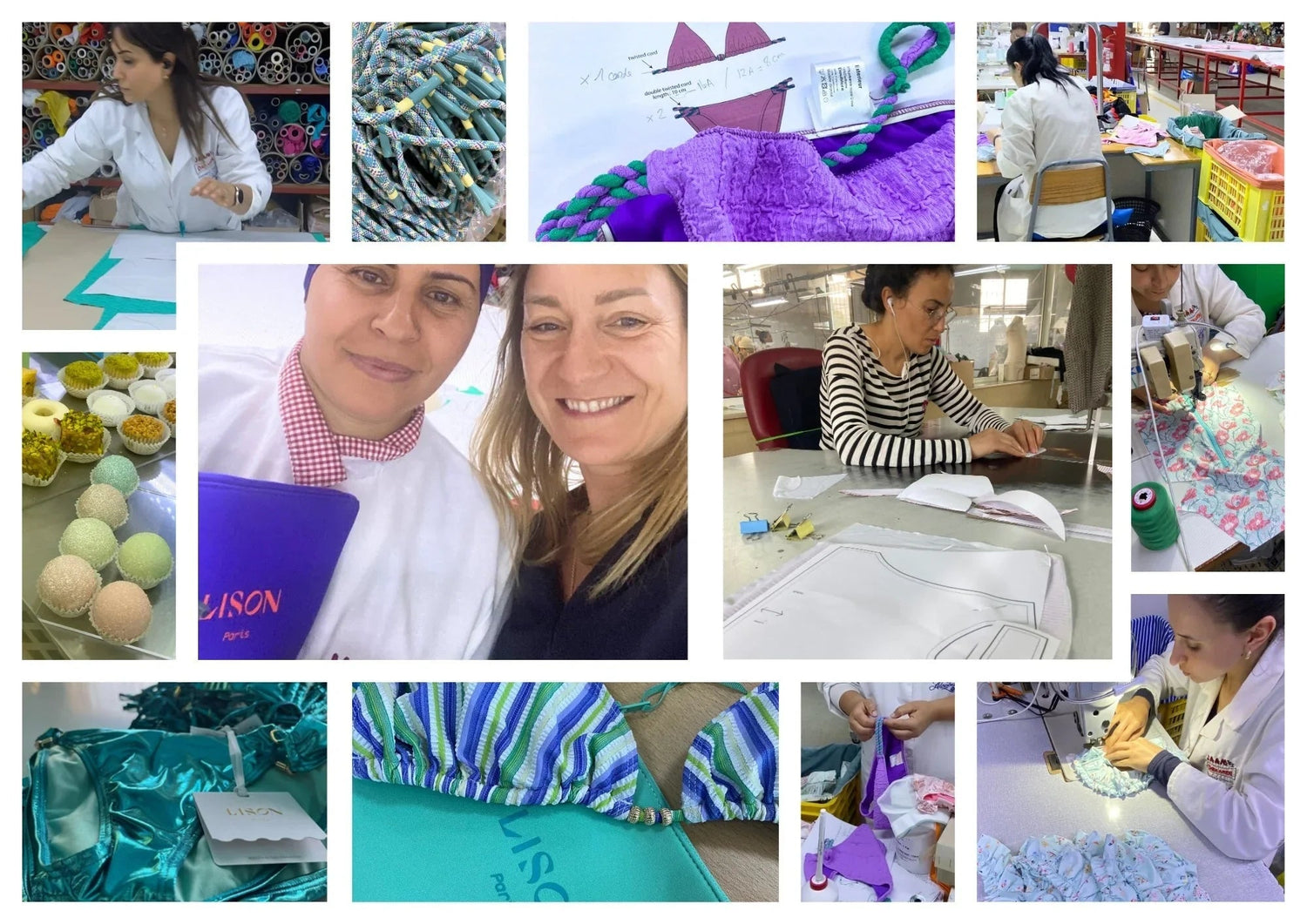 Collage of people sewing swimsuits, fabric details, swimwear patterns, and colorful beachwear materials.