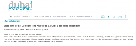 Webpage screenshot announcing a pop-up store event with event details and lifestyle magazine branding.