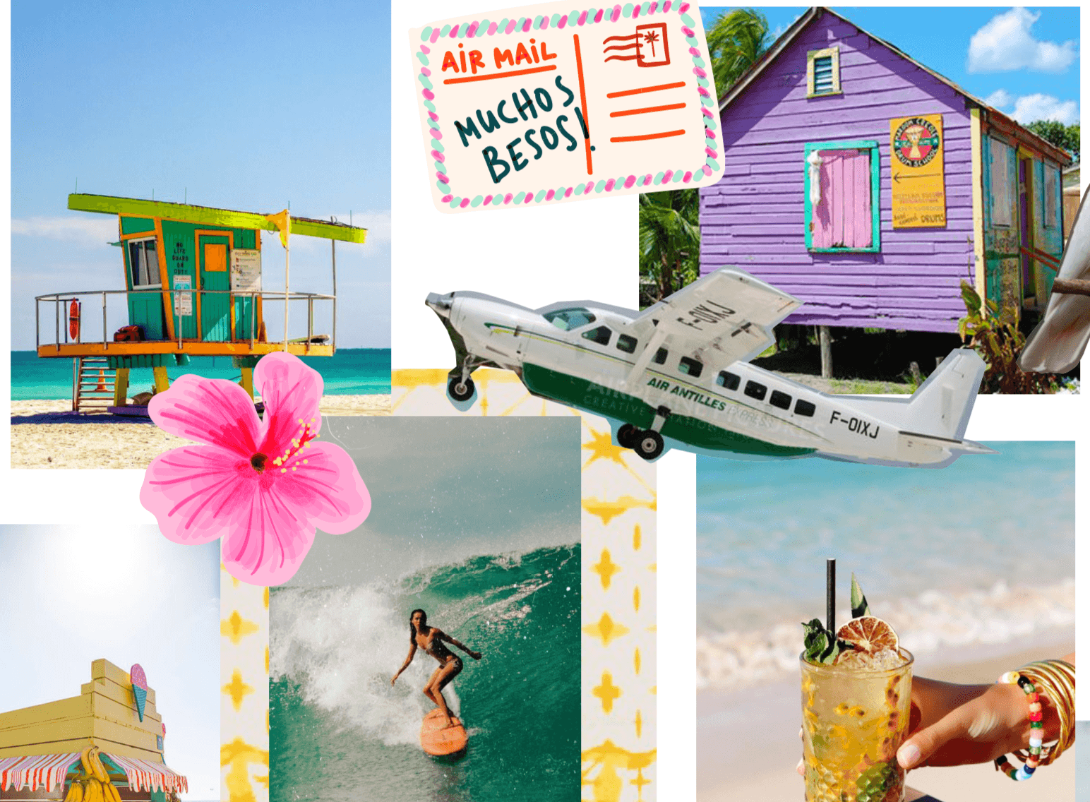 Tropical beach collage with colorful huts, surfer, ocean, airplane, postcard, flower, and cocktail