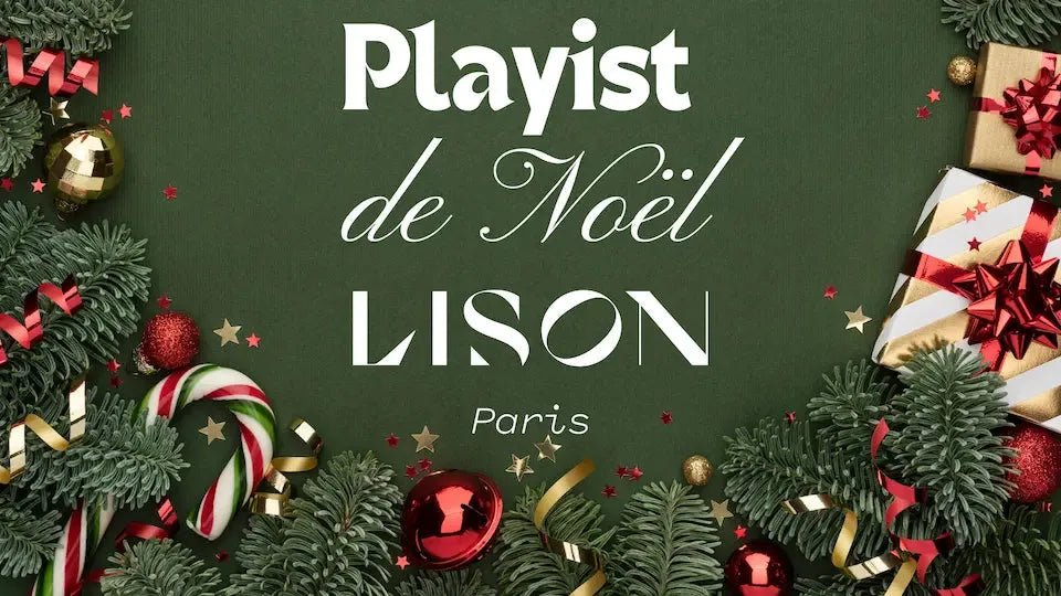 Christmas-themed flat lay with festive decorations, candy canes, pine branches, wrapped gifts, and 'Playlist de Noël Lison Paris' text on a green background