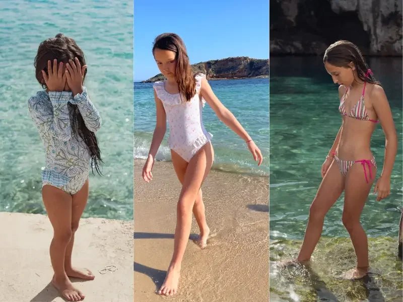 Girls wearing summer swimsuits at the beach, with different swimsuit styles by the sea