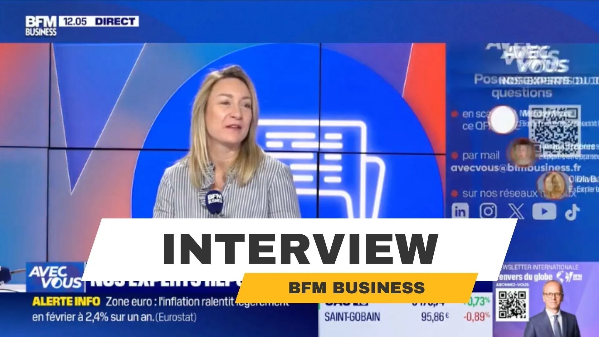 Woman in striped shirt on BFM Business TV interview set, entrepreneurship and business discussion