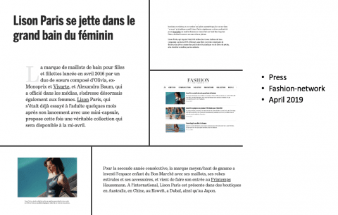 French press article about UV swimwear for girls, featuring a woman in a swimsuit and editorial layout.
