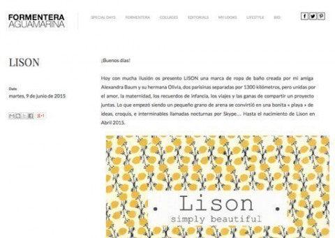 Screenshot of a blog article about Lison swimwear, with yellow floral graphic and text description.