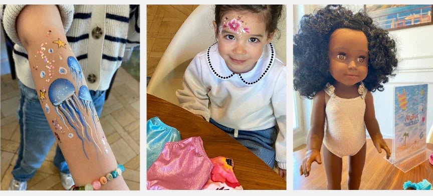 Child with jellyfish arm painting, girl with face paint, and doll in swimsuit at family event