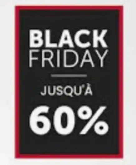 Black Friday sale French sign with up to 60 percent discount on UV swimwear and beachwear.